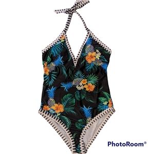 TEMPT ME Black Floral Print One Piece Swimsuit Size L  NWT